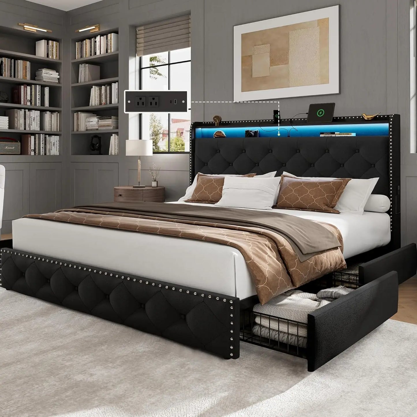 Base de Cama Queen Size con 4 Cajones de Almacenamiento y Estación de Carga, Base de Cama Tapizada en Terciopelo con LED, Personalizable