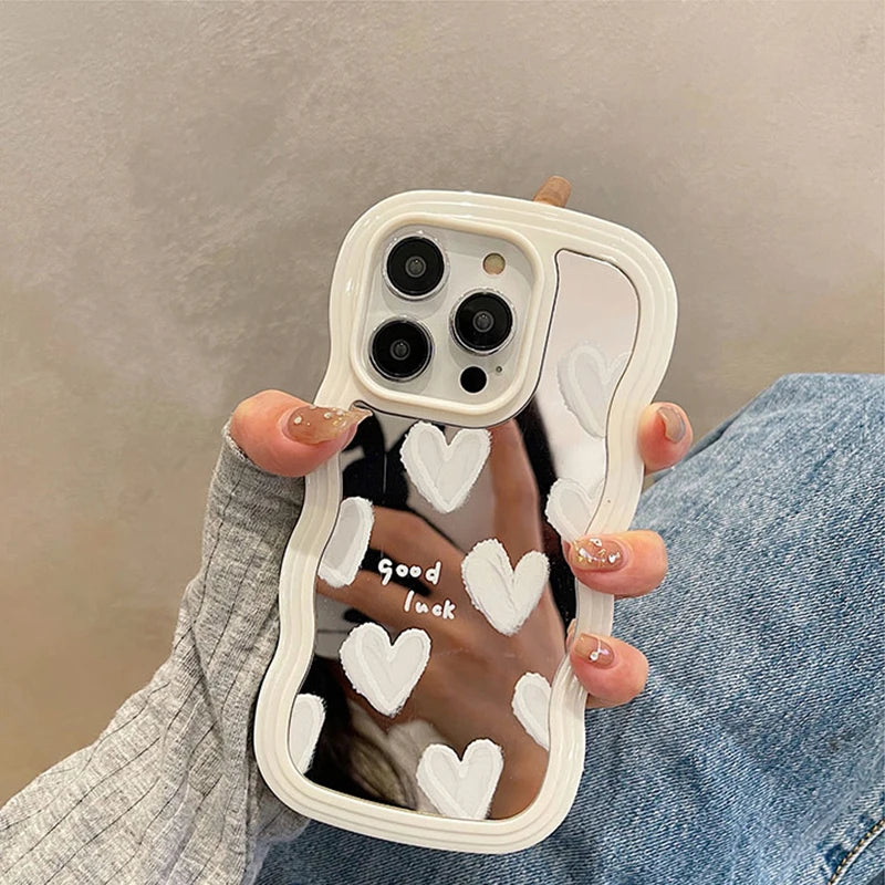 Funda de teléfono con espejo de maquillaje de corazón blanco encantador coreano para iPhone 17 Air 14 15 16 Pro Max 13 11 12 14 Plus XS X XR cubierta a prueba de golpes