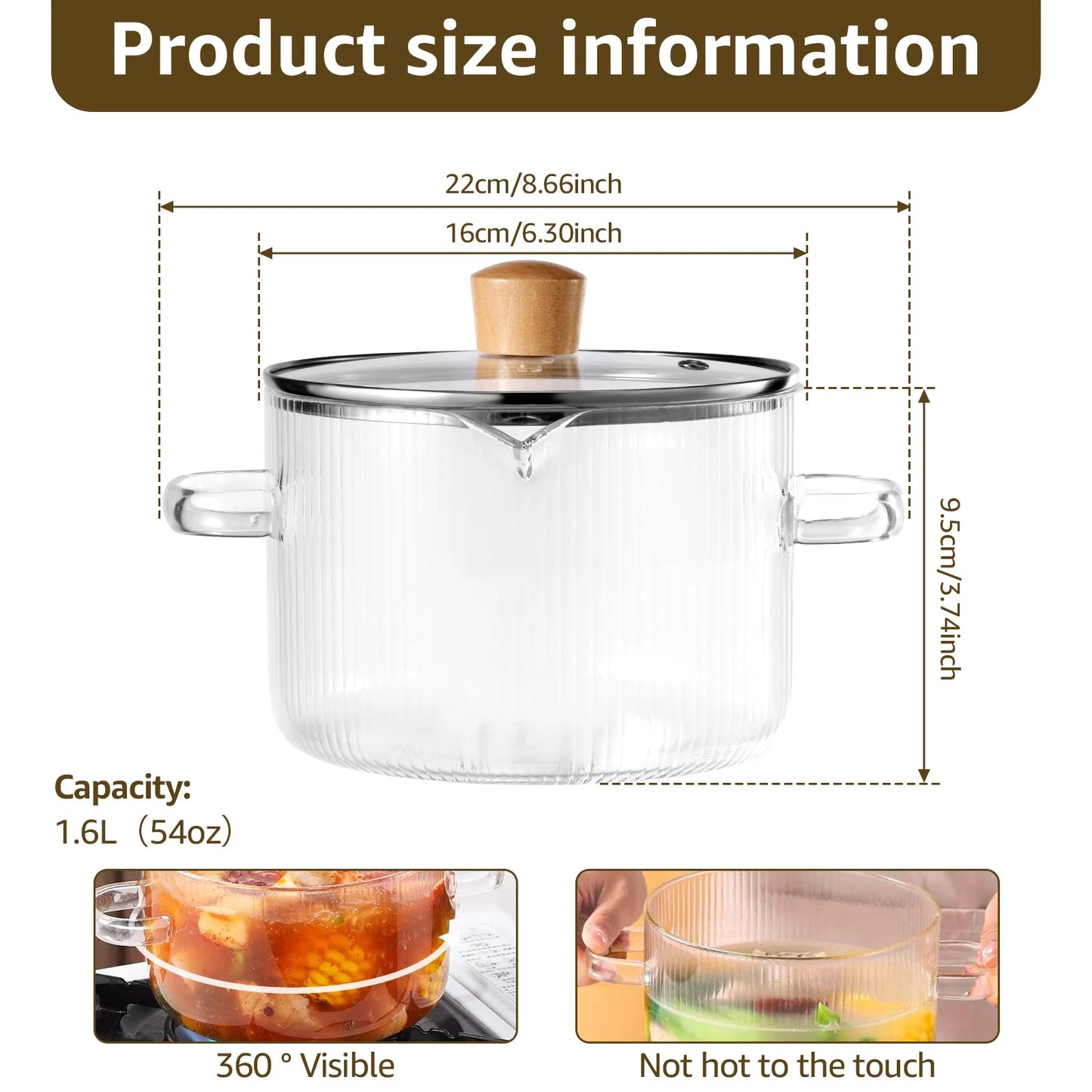 Olla de cocina de vidrio de 1600ML/2300ML, olla de fuego de vidrio de borosilicato transparente con tapa, ollas de estofado multifuncionales para cocinar en la cocina