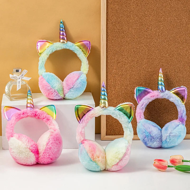 Nuevo encantador invierno cálido unicornio calentadores de orejas Tie Dye orejeras de felpa para mujeres juguetonas niñas orejeras protección contra el frío caliente