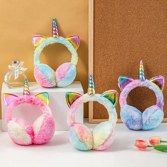 Nuevo encantador invierno cálido unicornio calentadores de orejas Tie Dye orejeras de felpa para mujeres juguetonas niñas orejeras protección contra el frío caliente