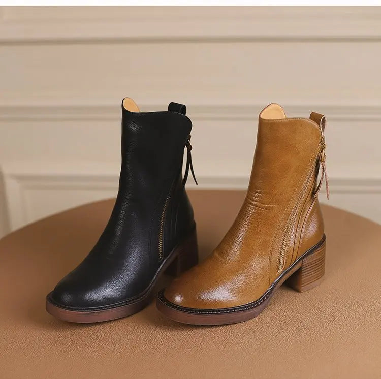Botines de tacón alto para mujer, botas cortas de cuero con punta redonda, botas de tacón grueso, botines con cremallera lateral, tacón de plataforma para mujer