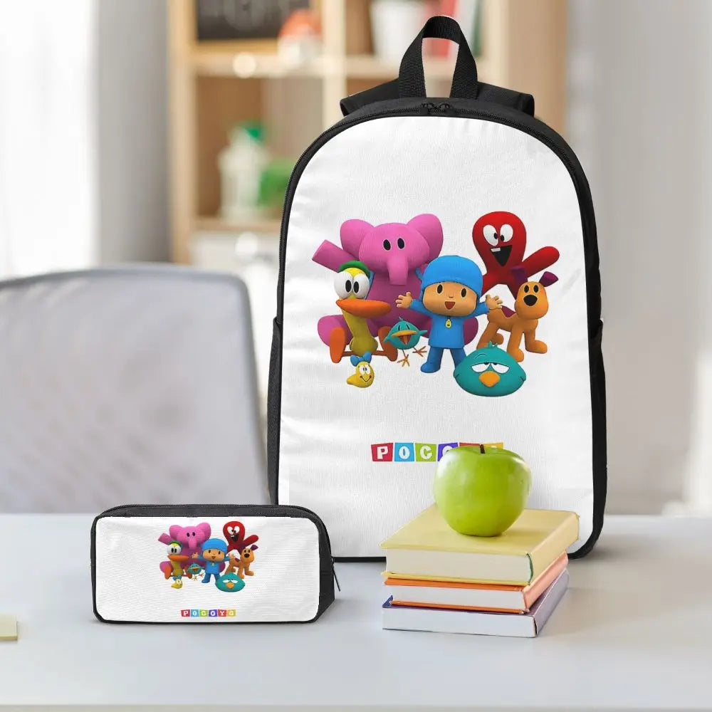Mochila azul de dibujos animados de Pocoyo para niños, mochila escolar, bolsos de hombro para ordenador, bolsa de almuerzo aislada de 3 piezas, estuche para lápices