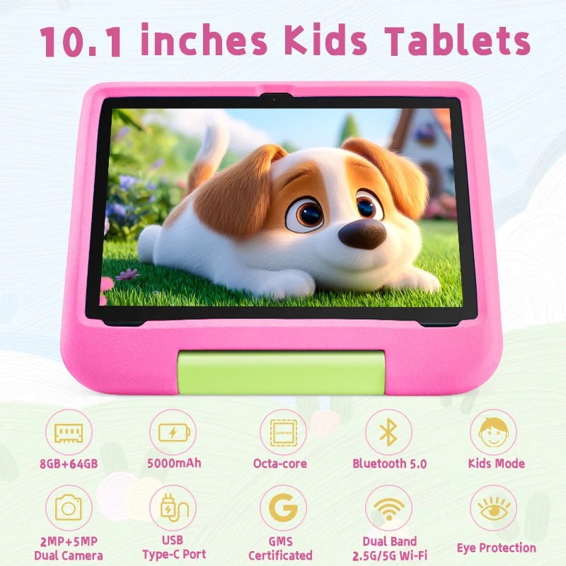 Tablet Paitanry de 10.1 Pulgadas para Niños, Android 15, 8GB RAM, 64GB ROM, WiFi 6, Protección Ocular, 5000mAh, con Funda de Silicona, Regalo para Niños