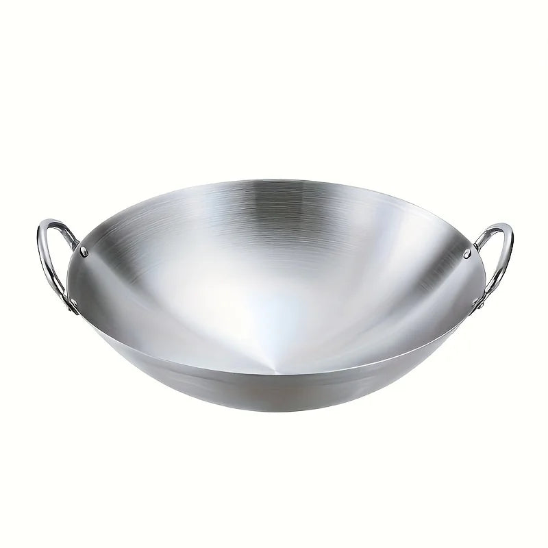 Wok grande de acero inoxidable, sartén de Chef duradera gruesa sin recubrimiento de alta calidad con asas dobles, fácil de limpiar para uso comercial, 1 ud.