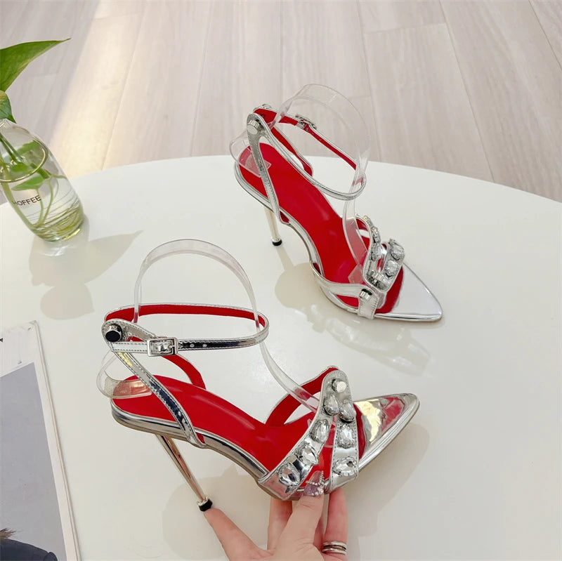 Liyke, moda de verano, sandalias de tacón alto Thih de Metal con remaches de gemas y banda estrecha para mujer, zapatos sexis de punta abierta y puntiaguda para vestido de fiesta, talla 41