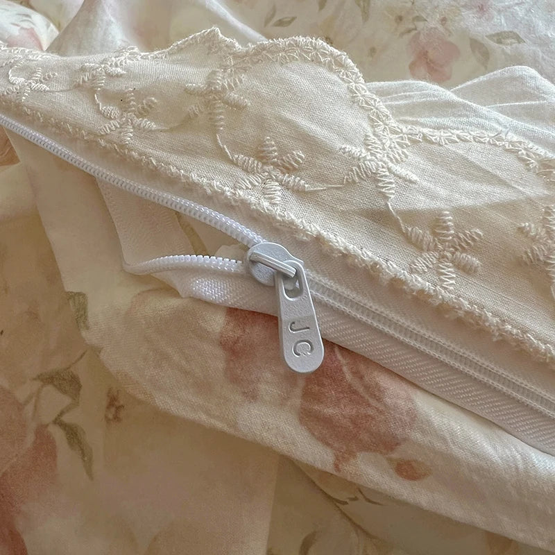 Juegos de funda nórdica de algodón lavado, juego de cama con estampado de flores individual/Queen/king, estilo princesa, funda de couette de 220x240 con encaje