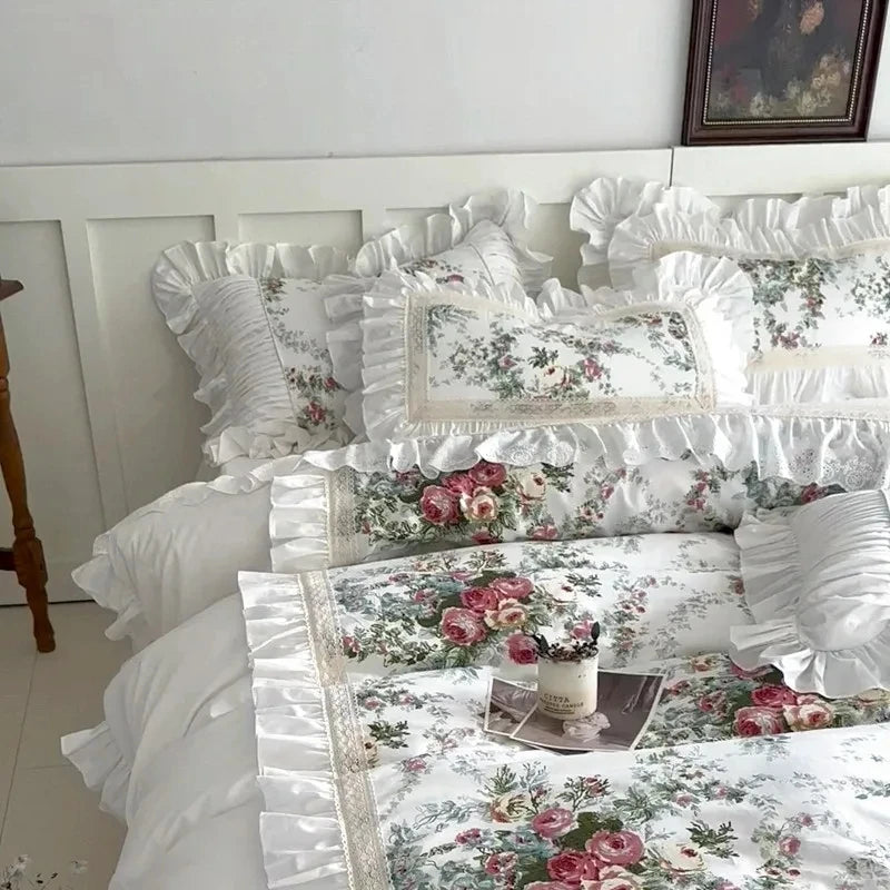 Juego de fundas de edredón con volantes, de 3 piezas ropa de cama, Floral, 100% algodón, blanco, 2 fundas de almohada, US/UK, Super King size