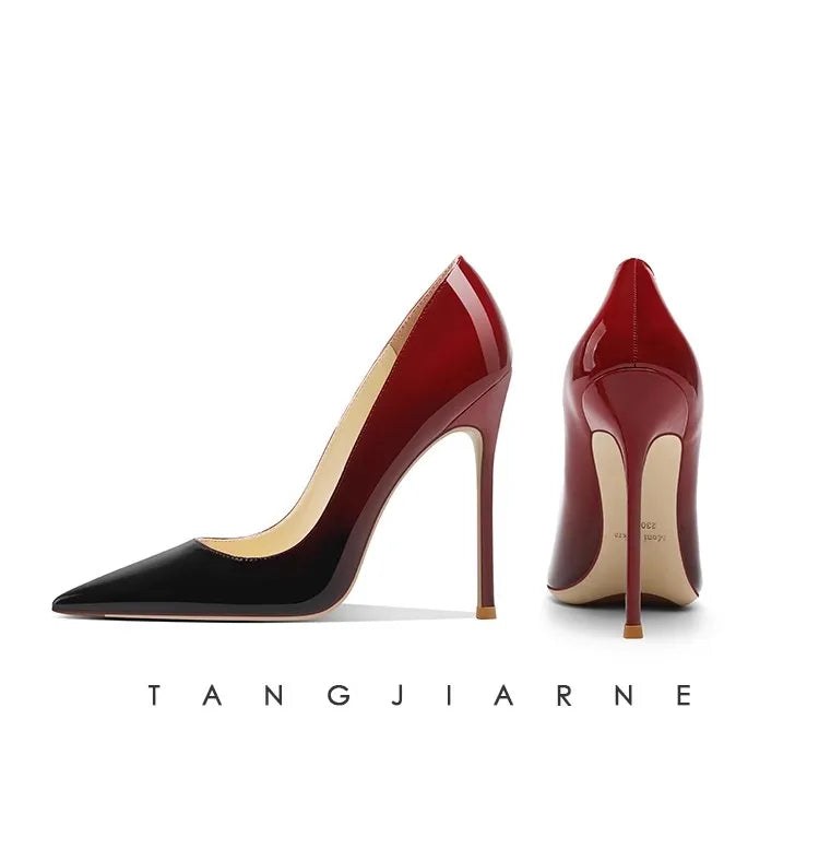 6CM 8CM 10CM 12CM temperamento zapatos individuales señoras negro rojo Color degradado verano puntiagudo charol tacones finos mujeres bombas