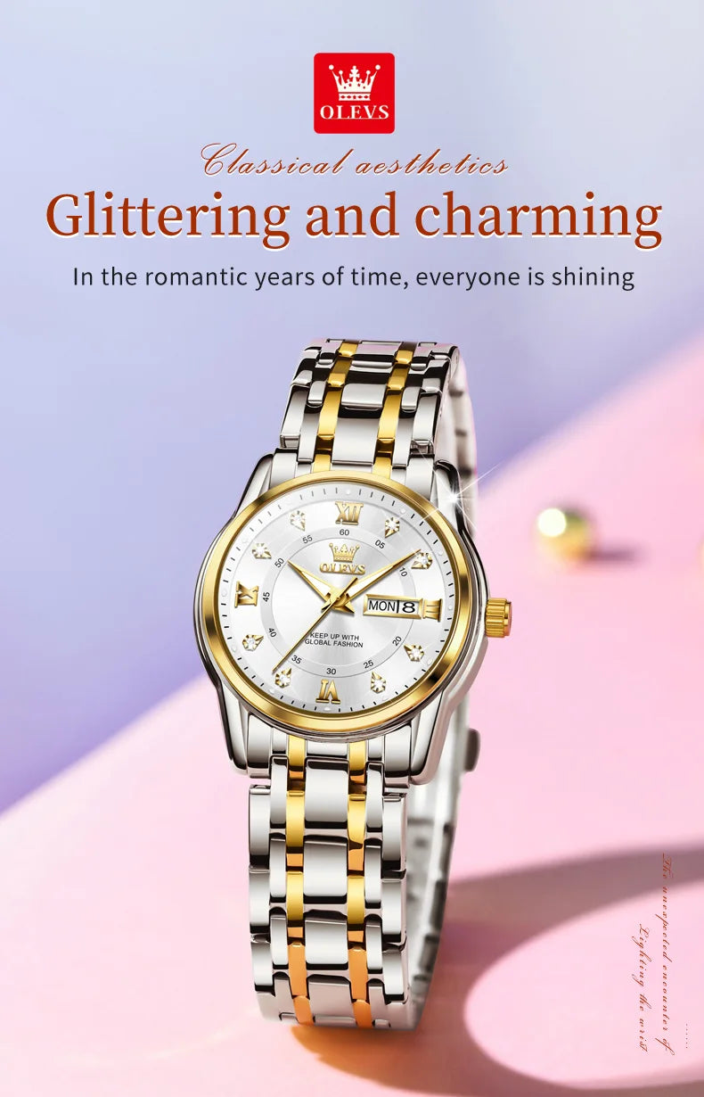 Relojes OLEVS para mujer, reloj de pulsera luminoso resistente al agua de acero inoxidable Original dorado a la moda, reloj clásico elegante para mujer con fecha