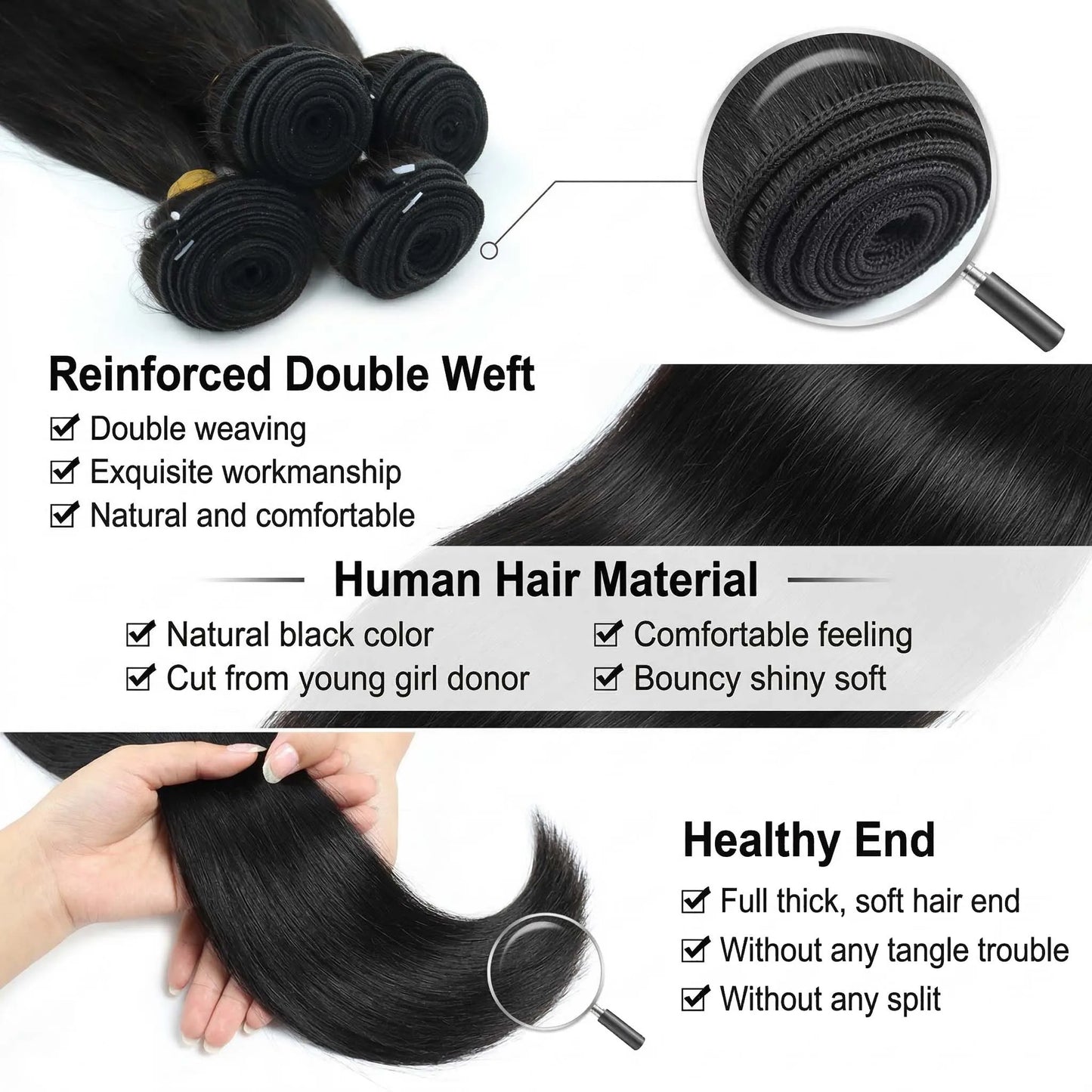 Paquetes de Cabello Humano Liso Natural de 30 y 40 Pulgadas, Extensiones de Cabello Virgen Negro Sin Procesar 14A de Alta Calidad