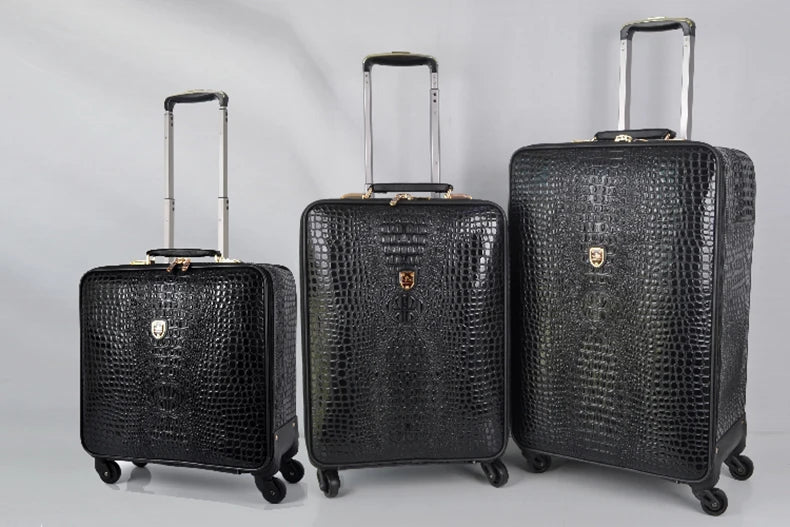 Equipaje rodante de cuero con patrón de cocodrilo, maleta con ruedas de embarque de 16/20/24 pulgadas, equipaje de viaje de cuero real para hombres y mujeres