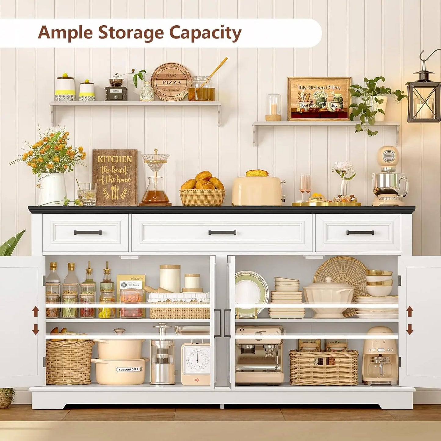 59" Large Buffet Cabinet with 4 Doors 3 Drawers Adjustable Shelves Coffee Wine Bar Storage Living Room, Customized