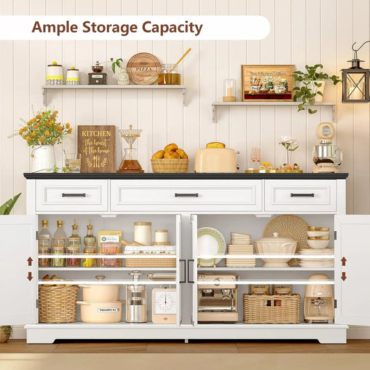 59" Large Buffet Cabinet with 4 Doors 3 Drawers Adjustable Shelves Coffee Wine Bar Storage Living Room, Customized