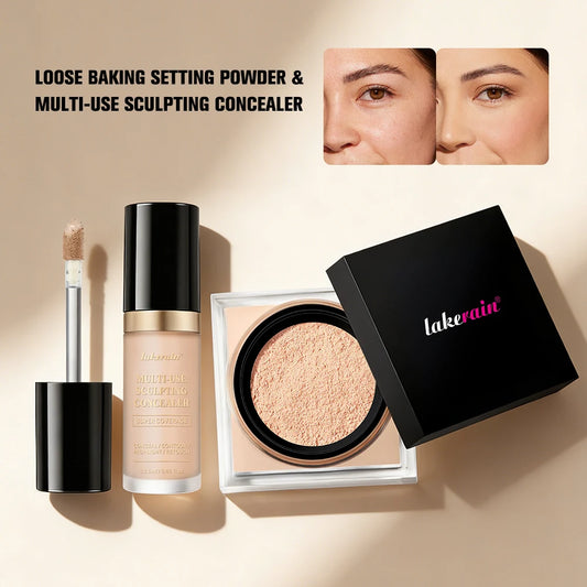 Juego de maquillaje facial de 2 piezas con corrector y polvo fijador suelto, acabado mate natural para el rostro, cosméticos para mujer, maquillaje coreano