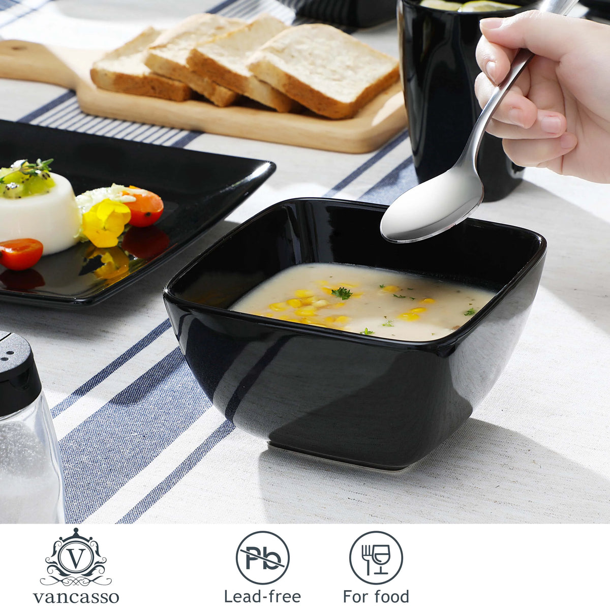 Vancasso SOHO-vajilla cuadrada de cerámica negra, 16/32/48 piezas, plato de cena, plato de postre, tazón, juego de tazas de 240ml