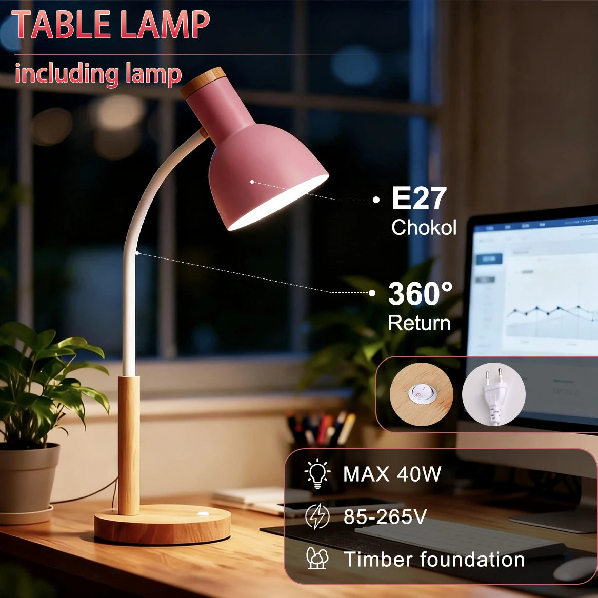 Lámpara LED de escritorio E27, lámparas de mesa con Base, bombilla reemplazable, luz de noche para habitación, dormitorio, oficina, estudio, iluminación de lectura