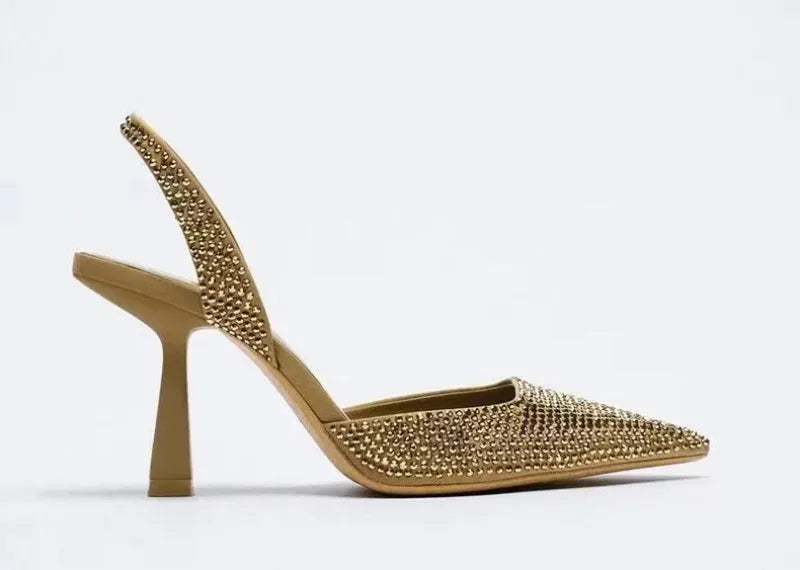 Zapatos de tacón alto 2025, novedad de verano, sandalias de marca para mujer, zapatos de tacón alto con hebilla de cristal a la moda, zapatos dorados elegantes para fiesta para mujer