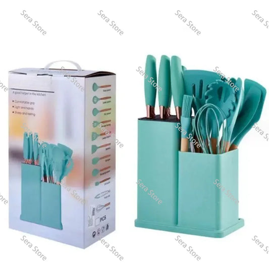 Juego de Utensilios de Cocina de Silicona de 19 Piezas, Sartén Antiadherente, Espátula para Cocinar con Cubo de Almacenamiento, Juego Combinado de Cuchillos