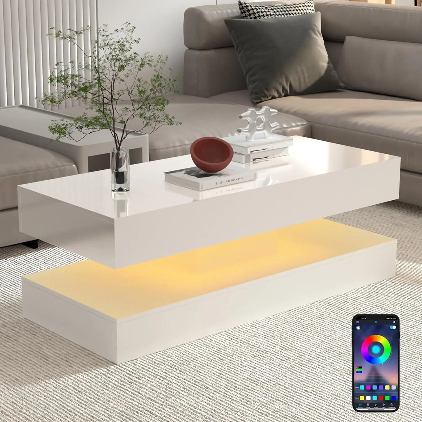Mesa de Centro Moderna y Elegante con Luces LED, Diseño de Doble Capa para Sala de Estar con 2 Cajones de Almacenamiento