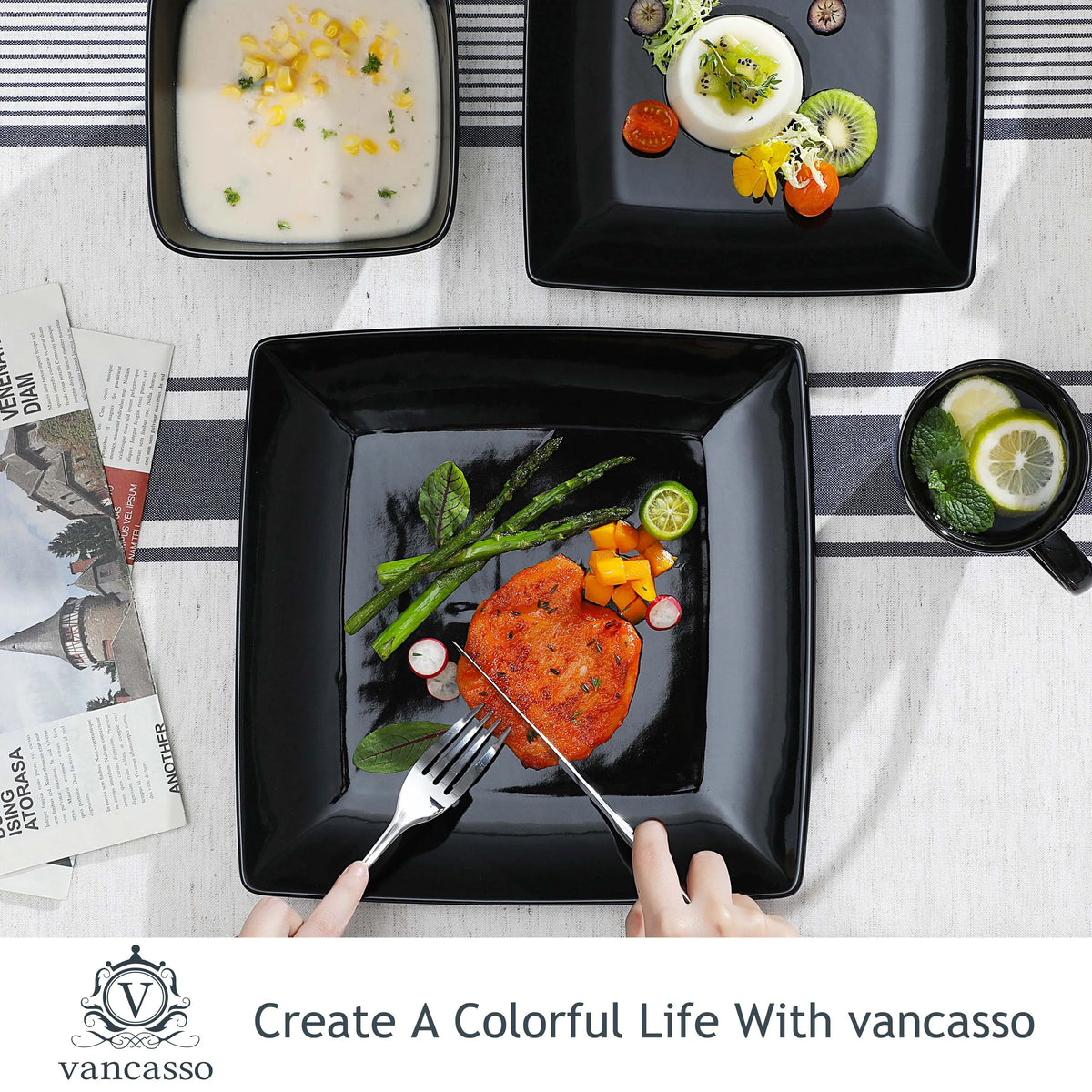 Vancasso SOHO-vajilla cuadrada de cerámica negra, 16/32/48 piezas, plato de cena, plato de postre, tazón, juego de tazas de 240ml
