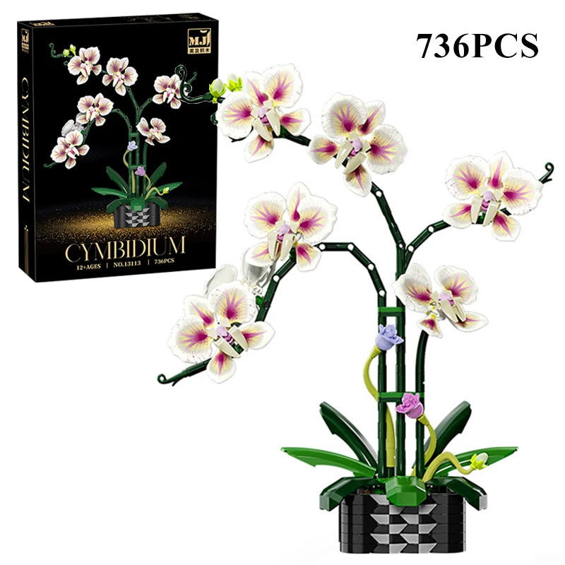 Orquídea creativa Cymbidium flores eternas planta en maceta bloques de construcción simulación Phalaenopsis DIY ladrillos juguetes regalo de San Valentín