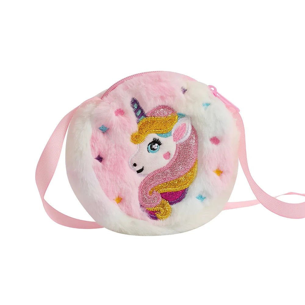 Bolso cruzado de unicornio de dibujos animados para niños, bolso de hombro de felpa bonito, Mochila pequeña para niñas, adecuado para regalos de vacaciones escolares, 2 uds.