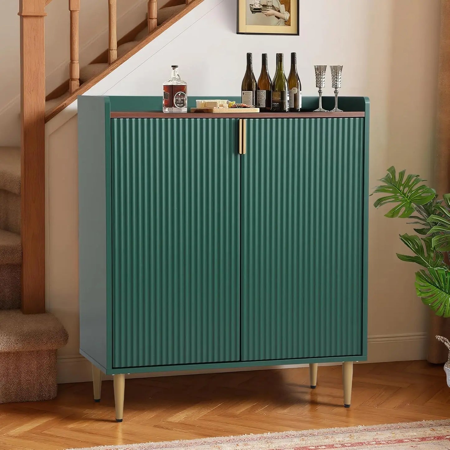 Mueble Bar para Café Verde, Mueble Buffet de 37 Pulgadas con Textura Acanalada, Mueble para Licores con Botelleros para el Hogar, Personalizable