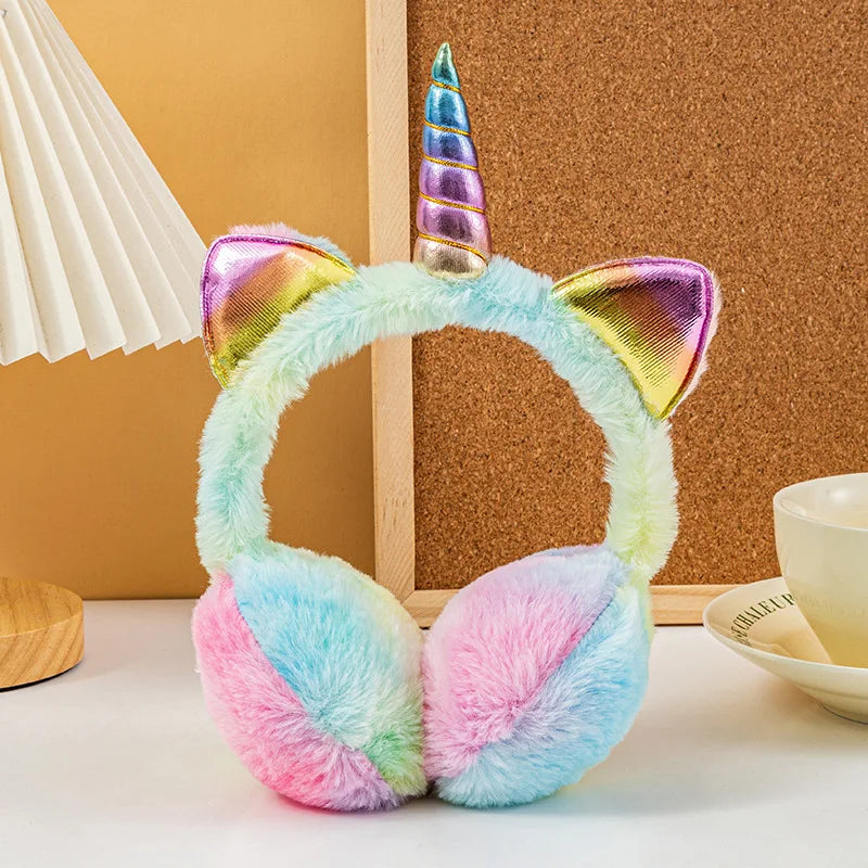 Nuevo encantador invierno cálido unicornio calentadores de orejas Tie Dye orejeras de felpa para mujeres juguetonas niñas orejeras protección contra el frío caliente