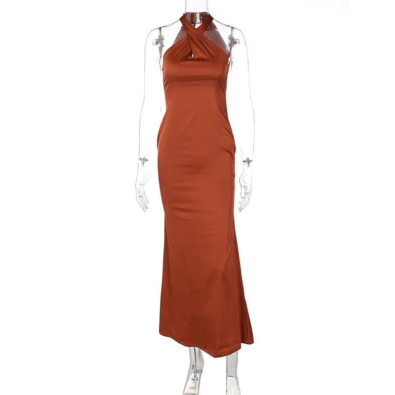 Vestidos de Fiesta Elegantes para Mujer, Vestido Maxi con Cuello Halter y Detalle Cruzado en la Parte Delantera, Vestido de Noche Ajustado