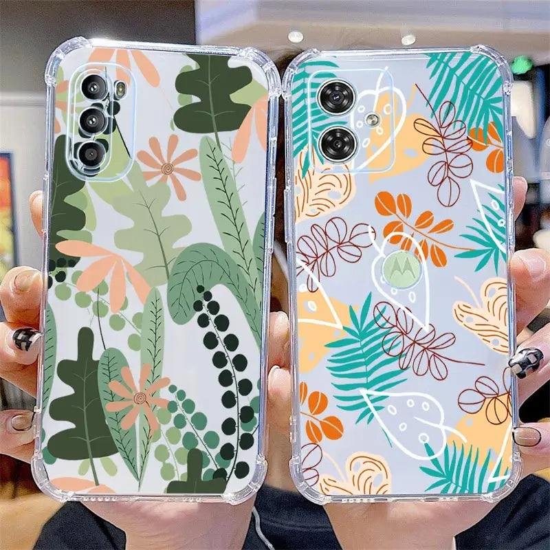 Funda de teléfono transparente G54 flores y hierba para Motorola Moto G54 G53 G52 G72 G82 G13 G73 G32 G84 G14 G42 G24Power G30 G9