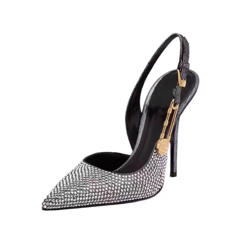 Zapatos de tacón de lujo con hebilla de lentejuelas y diamantes de imitación para mujer, zapatos de tacón alto de aguja con punta estrecha, zapatos de moda para primavera y verano