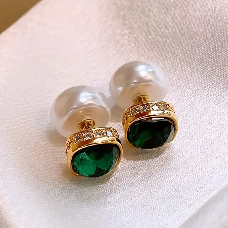 Pendientes de diseño cuadrado geométrico elegante retro con incrustaciones de circonita verde para ocasiones diarias y de fiesta de mujer