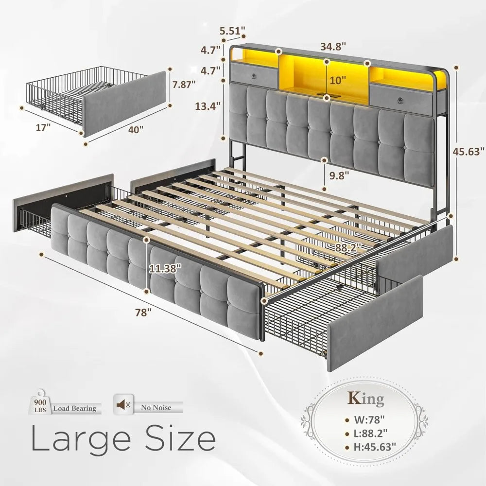 Base de Cama King con 6 Cajones, Luces LED, Cabecera de Terciopelo, Estación de Carga, Sin Somier, Silenciosa, Fácil Montaje, Gris