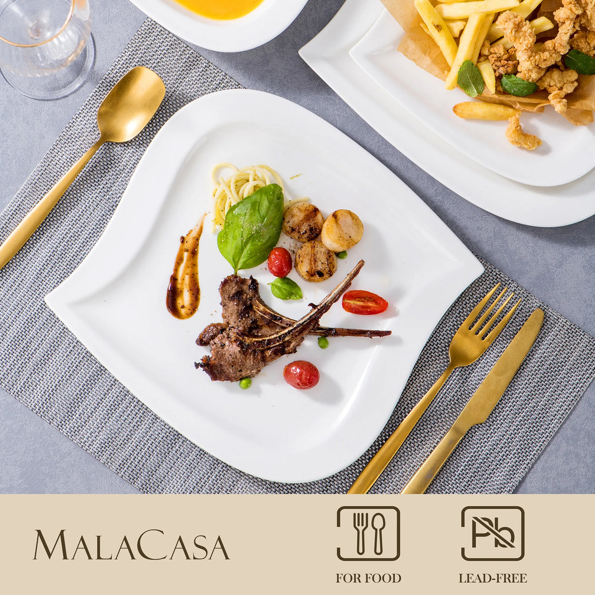 MALACASA-Juego de vajilla de porcelana blanca, juego de tazas, platillos, platos de cena, postre, sopa, servicio de vajilla para 30/60, 6/12 piezas