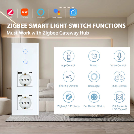 Interruptores BSEED Zigbee, interruptor de luz inteligente de 1/2/3 entradas, enchufes de pared normales de la UE, interruptores táctiles multicontrol, aplicación Tuya Smart Life Alexa