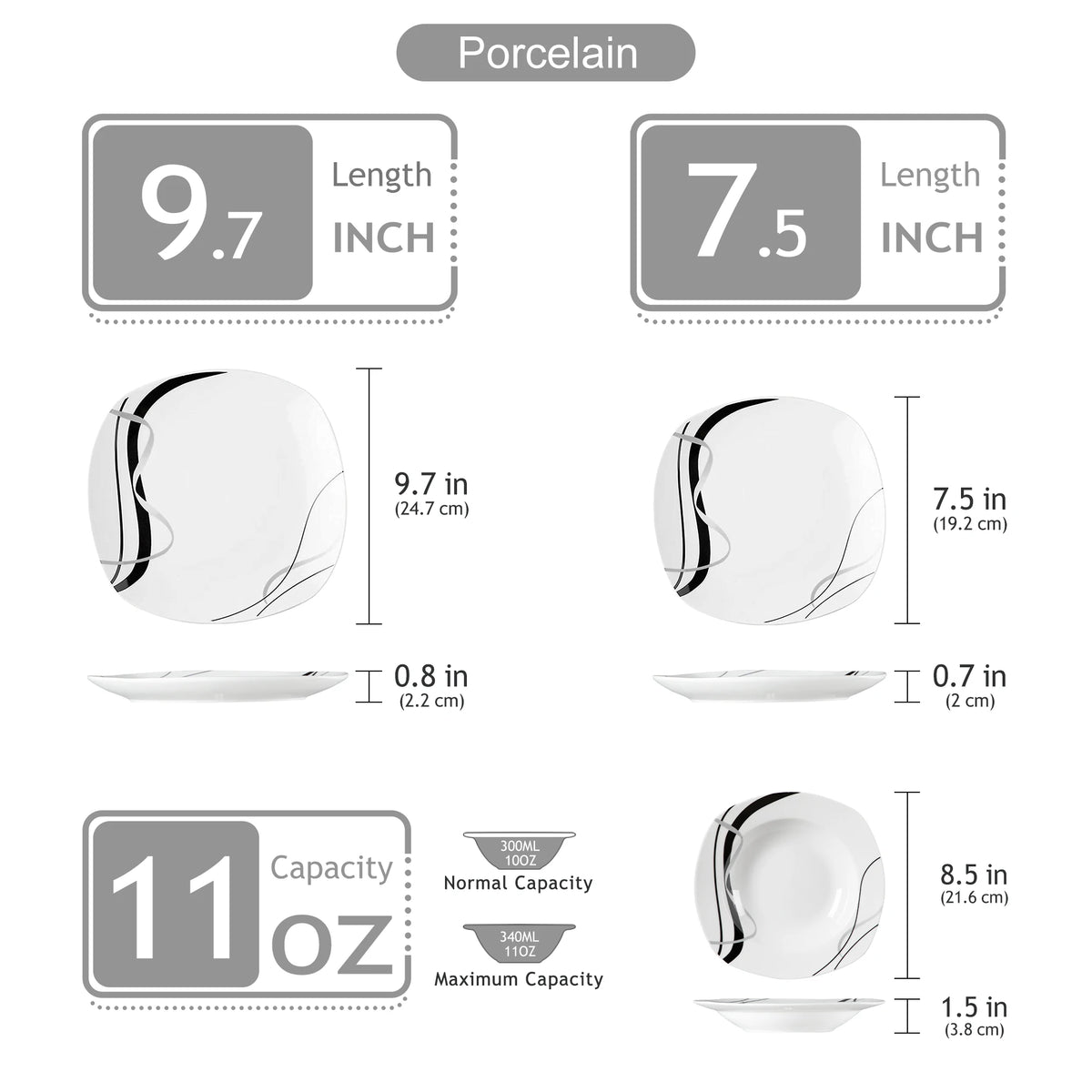 VEWEET FIONA-vajilla de cerámica de línea negra, juego de platos de cocina con plato de cena, postre, plato de sopa, 18/36 piezas