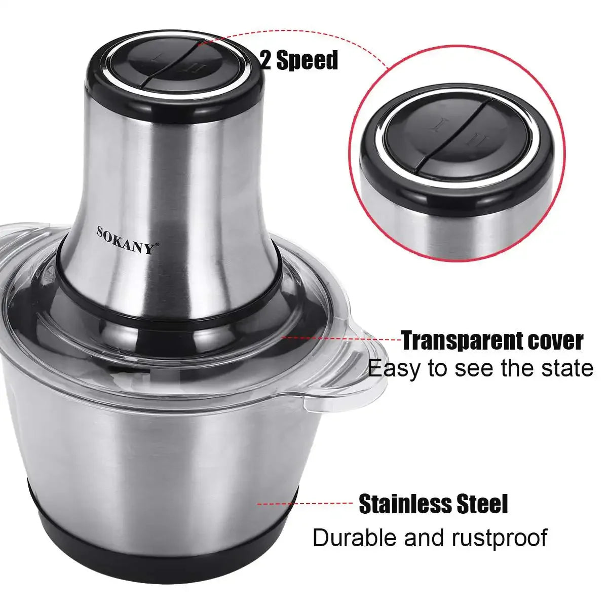 Picadora de carne eléctrica pequeña para el hogar, 3L, 800W, 2 velocidades, de acero inoxidable, máquina picadora automática, procesador de alimentos