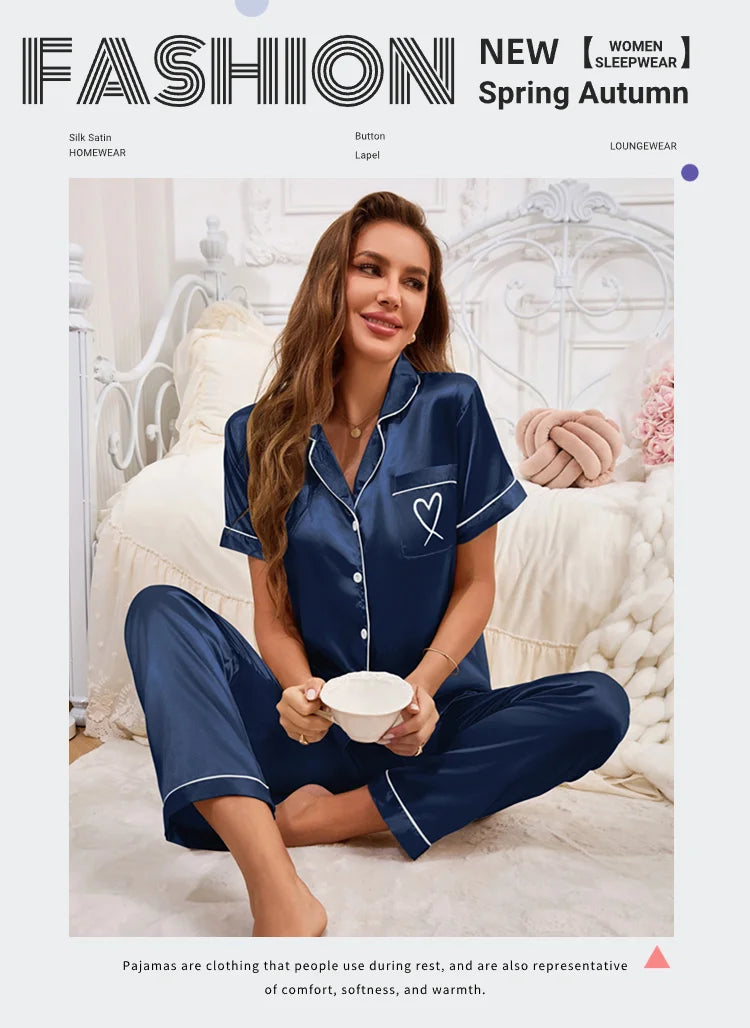 Conjunto de pijama para mujer, ropa para el hogar, camisa de manga corta de satén con pantalones, ropa de dormir, conjunto de 2 piezas, pijama bordado en forma de corazón