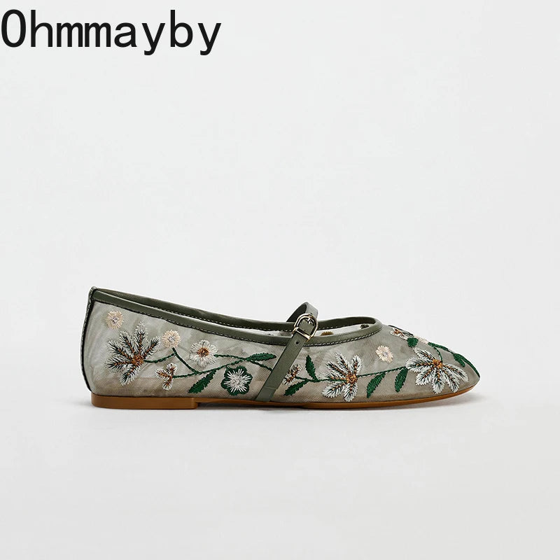 2026 zapatos Mary Jane bordados de primavera para mujer, zapatos de suela blanda transpirables para exteriores, zapatos planos de Ballet cómodos sin cordones para mujer