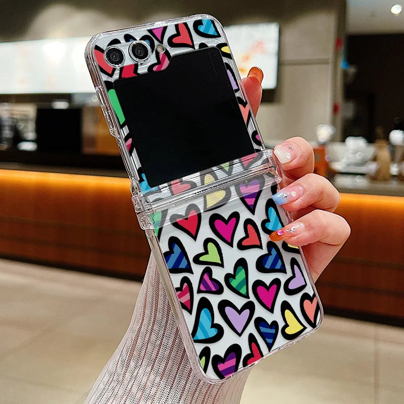 Funda de teléfono transparente con diseño de flor de amor para Samsung Galaxy Z Flip7 FE Flip 7 6 5 4 3 5G Flip5 Flip6, funda dura para PC a prueba de golpes