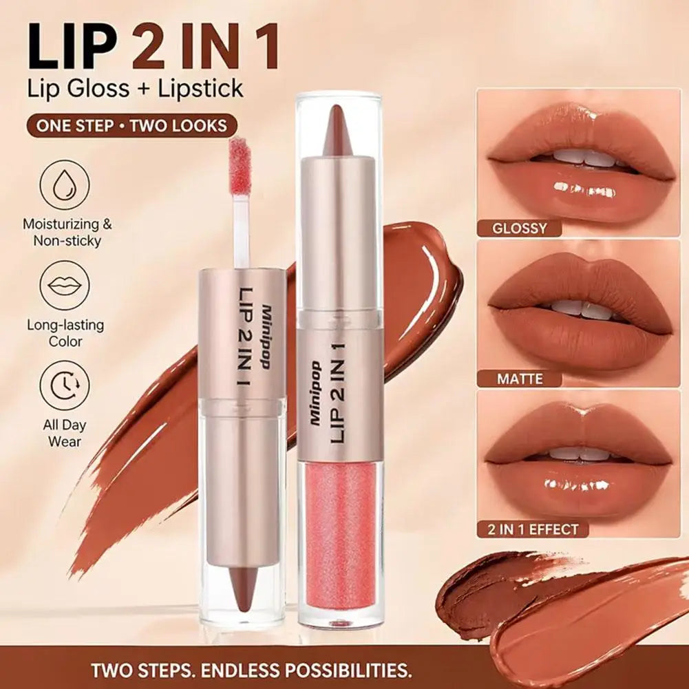 Delineador de Labios 2 en 1 con Diseño de Espejo Mate de Doble Punta, Resistente al Agua, Antiadherente, Color Marrón Nude, Degradado Cónico