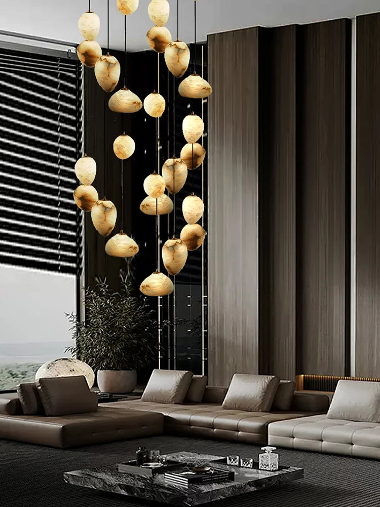 Iluminación colgante de piedra de mármol de alabastro de diseño moderno de alta gama, lámpara de decoración de escalera de isla de cocina española, lámpara de techo LED