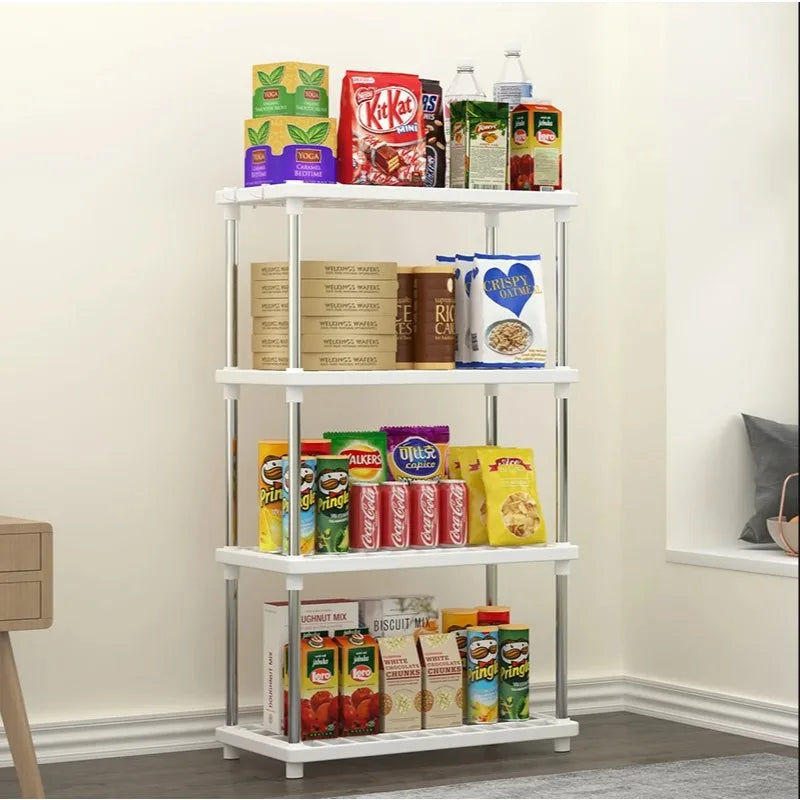 Estante organizador independiente de 4 niveles cuadrado y multicapa, ideal para cocina, baño, aperitivos y objetos diversos.