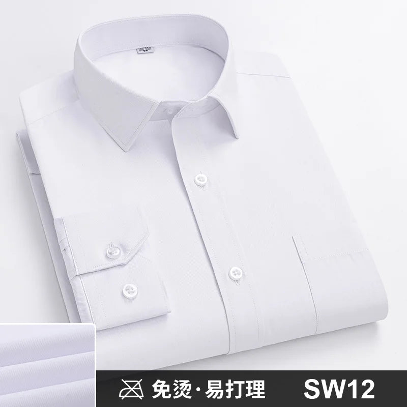 Camisa Formal de manga larga para hombre S ~ 8XL, camisas blancas de negocios de moda de gran tamaño a rayas de Color sólido, antiarrugas y sin planchar