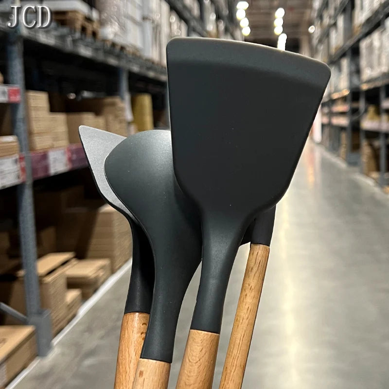 Juego de utensilios de cocina de silicona resistentes a altas temperaturas, pala con mango de madera, cuchara con fugas, herramienta, utensilio de cocina, accesorios para hornear
