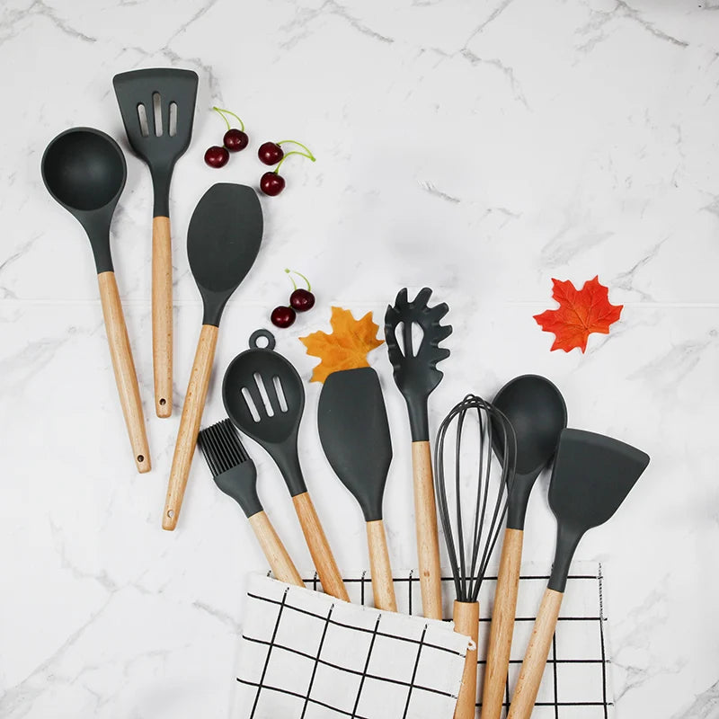 Juego de utensilios de cocina de silicona resistentes a altas temperaturas, pala con mango de madera, cuchara con fugas, herramienta, utensilio de cocina, accesorios para hornear