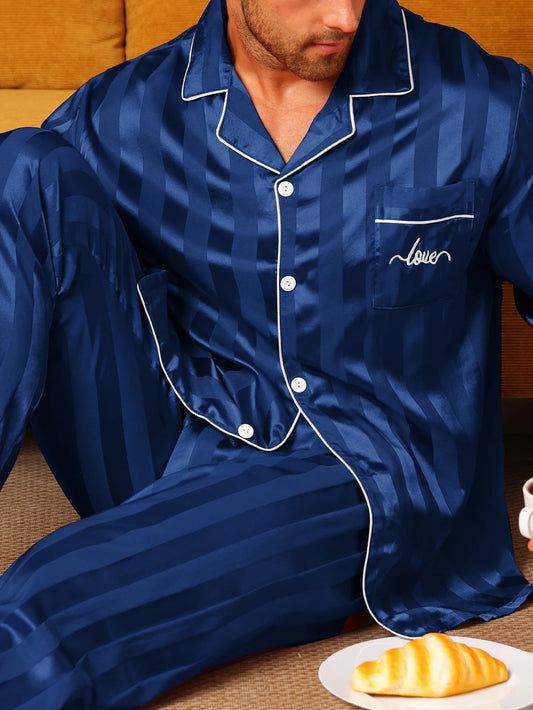 Conjunto de pijama de dos piezas para hombre ropa de dormir de satén de seda pantalones de manga larga informal minimalista letras bordadas Otoño e Invierno