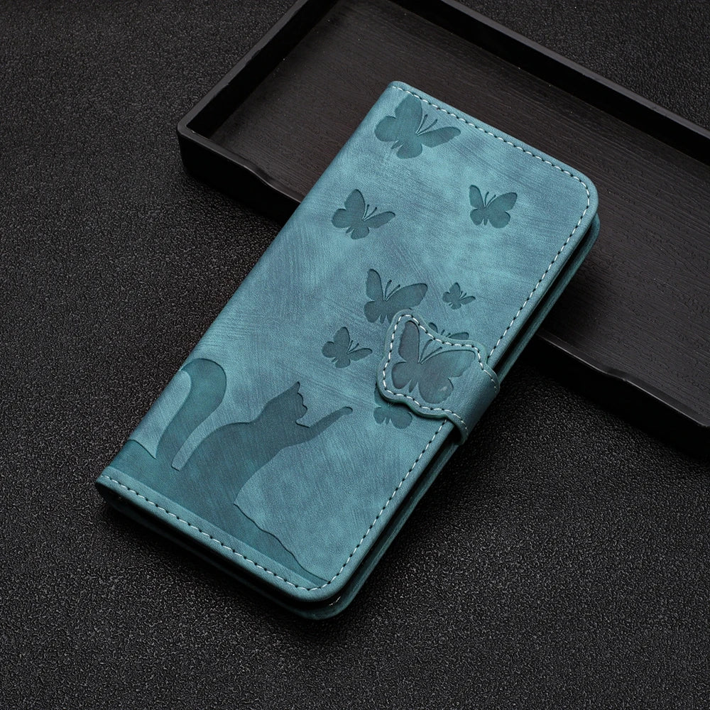 Funda tipo cartera de cuero con diseño de gato y mariposa para iPhone 17, 15, 16, 14, 13, 12, 11 Pro Max, iPhone 15 Plus
