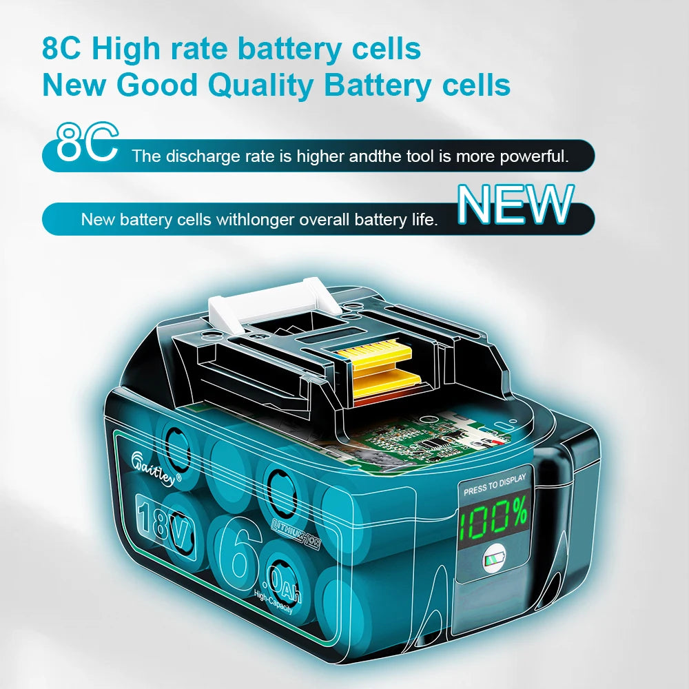Waitley-batería recargable de iones de litio para herramientas eléctricas Makita, 18 V, 6.0Ah, BL1860b, BL1860, BL1830b, BL1850b, BL1840, 6Ah